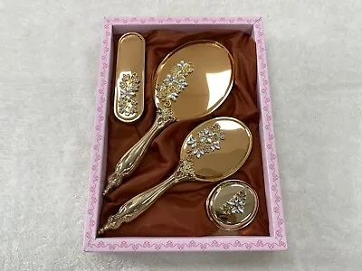 Vintage Gold Color Hand Mirror Brush And Comb Vanity Set Engagement Gift • $69