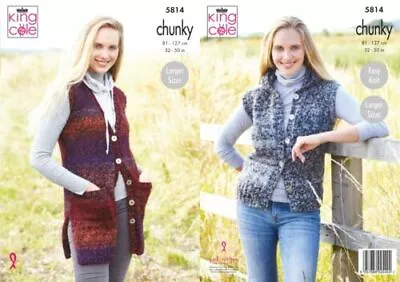 KING COLE Knitting Pattern CHUNKY Women Ladies Waistcoats Hoodie 32-50in - 5814 • £4.47