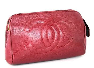 Authentic CHANEL CC Red Caviar Pouch Accessories Bag Purse Used Vintage • $310