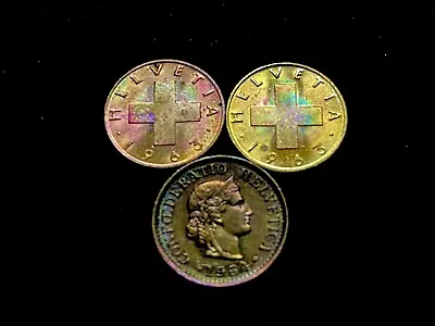 Lot Of 3 Switzerland 🇨🇭 Coins MONSTER RAINBOW 🌈 TONED! Spend $20=🎁 (#394) • $9.99