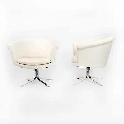 1970s Nicos Zographos Bucket Swivel Armchair In White Leather Polished Stainless • £2372.62