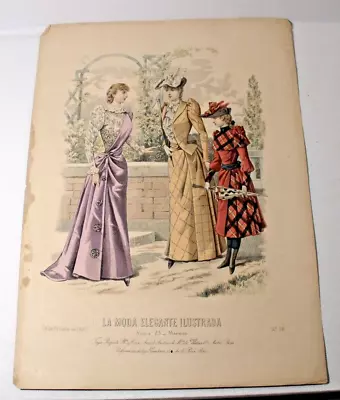 1890 Antique French Hand Colored LA MODE ELEGANTE ILLUSTRADA Fashion Print (38) • $18