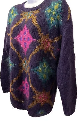 NOS VTG Michelle Stuart Size L Purple Geometric Fuzzy Mohair Crewneck Sweater • $30.01