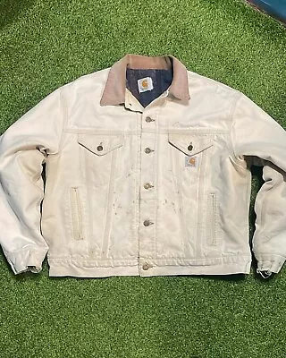 VTG Carhartt Men's Sm Duck Canvas Blanket Lined Trucker Jacket Tan Fade • $125