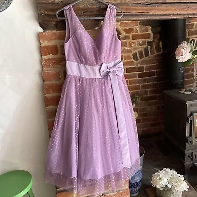 Lindy Bop Lilac Purple Polka Dot Bow 50s Fit Flare Dress - Size 10 • £5.99