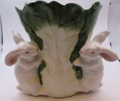 Ceramic Bunnies Cabbage Majolica Planter Cachepot Tailored Tiles #7432 • $32.59