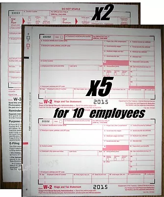 2015 IRS Tax Forms W-2 Wage Stmts 6-pt CARBONLESS 10 Employees + (2)W-3 NO Env • $12.95