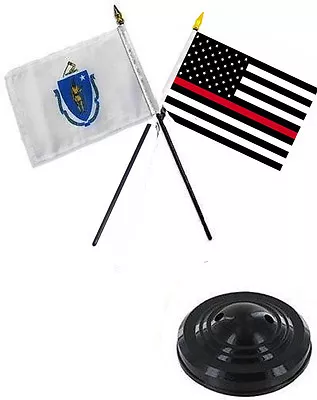 Massachusetts State & USA Fire Red 4 X6  Flag Desk Set Table Stick Black Base • $7.88