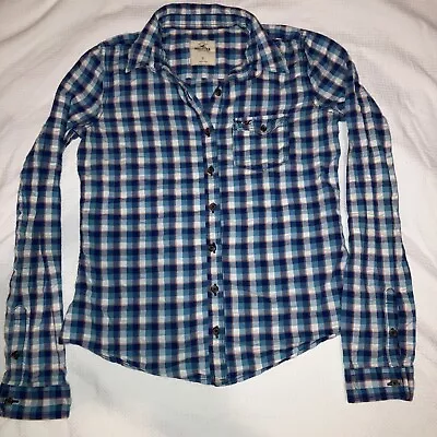 HOLLISTER Womens Navy Blue Red White Plaid Button Down Up Shirt Small Sm • £7.60