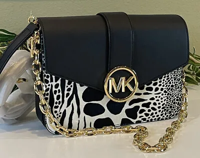 Michael Kors Carmen Medium Chain Shoulder Bag Black White Animal Print Leather • $116.99