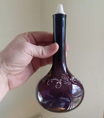 1880s PRETTY AMETHYST PONTILED BARBER BOTTLE WITH ENAMEL FLOWERS & PORC STOPPER • $65