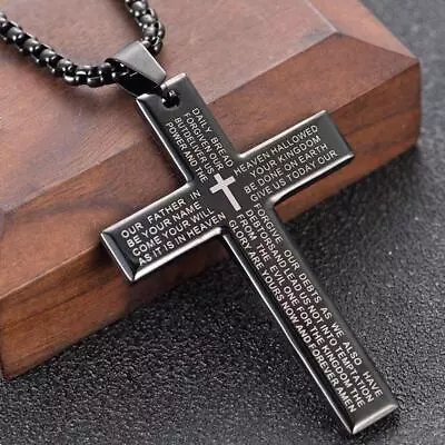 Cross Necklace With Lords Prayer Bible Pendant For Men Steel Stainless F6S4 • £3.71