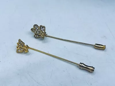 Vtg. Lot Of 2 Clear Rhinestone Gold Tone Butterfly & Bumblebee Stickpins 382 • $0.99