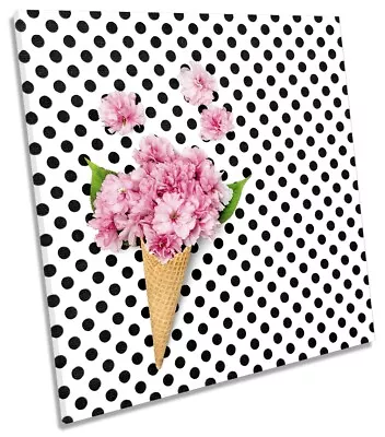 Ice Cream Flowers Spots Picture CANVAS WALL ART Square Print Pink • £26.99