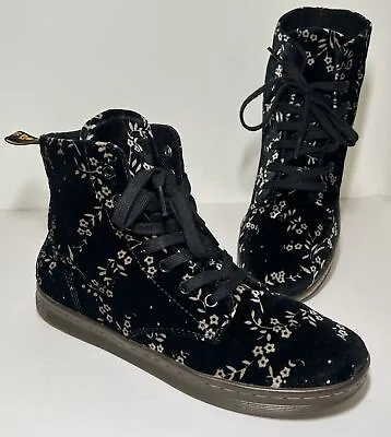 Rare! Doc Martens Avery Black Velvet Cherry Blossom Print Boots Sz. 9 Very Cute! • $200