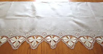 Vintage Gray Linen Runner/Dresser Scarf With Cream Embroidery-25 X 72 • $8.99