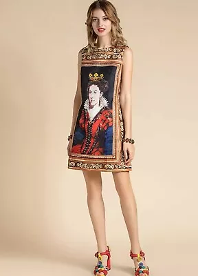 Brown Luxury  Royal Crown Print Mural Embellished Cocktail  Unique Dress  8 10  • £84.99