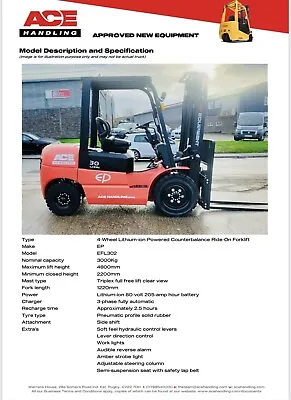 New EP EFL302 Container Spec Forklift Buy-£22676 HP-£113.24 Hire-£109.99 AH1916 • £22676