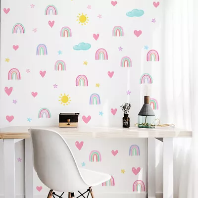 82PCS Rainbow Wall Stickers Decals Stars Hearts Kids Bedroom Nursery Wall Decor • £7.29