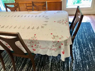 MCM Atomic Silver Gold Red Vintage California Hand Print Christmas Tablecloth • $250