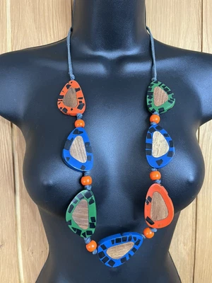 £6.50 • Buy Striking Wood & Resin Bright Abstract Statement Necklace By M&S 834 Green/Orange