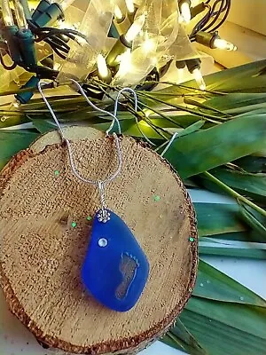 Hand Carved Footprint Blue Sea Glass Crystal Inlay Pendant Silver Necklace 18  • $13.99