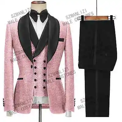 2023 Shiny Black Men's Set 3-piece Shawl Lapel Wedding Party Tuxedo • $179.35