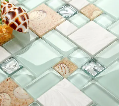 11 PCS Beach Style Backsplash Tile Green Lake Glass Mix Stone And Resin Mosaic • $184.19