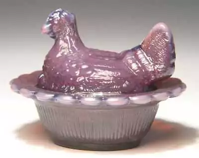 Purple Milk Opalescent Glass Mini Hen On Nest Chick Ring Holder Mosser Circa2005 • $15