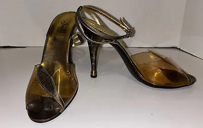 Vintage Impo (Greece) Gold Open Toe Heels With Clear Vamp Sz 6 M US • £15.67