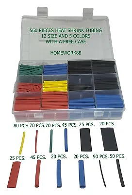 560 Pcs. 2:1 Heat Shrink Tubing Tube Sleeving Wrap Cable Wire 5 Colors 12 Sizes • $5.73