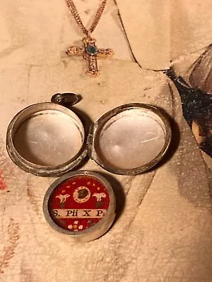 RARE 1' CLASS SILVER RELIQUARY: Pope Pio X - Wax Seal And Thread Intact - 1900's • $644.99