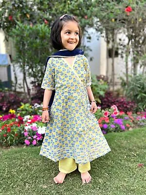 Traditional Indian Diwali Wear Blue Print Suit Kids Girl Stylish Dress Kurta Set • $76.15