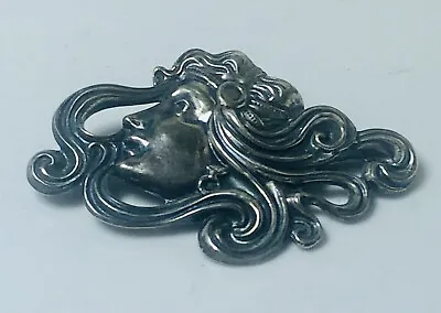 Vintage Art Nouveau Sterling Silver Woman's Profile Flowing Hair Brooch / Pin • $29.99