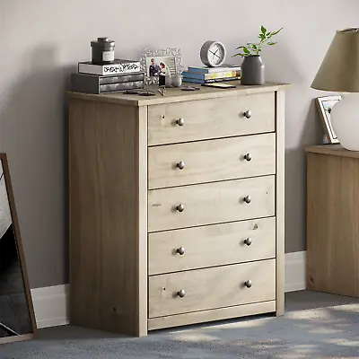 Panama 5 Drawer Chest Furniture Mexican Solid Pine Wood Waxed Rustic Oak Finish • £94.99