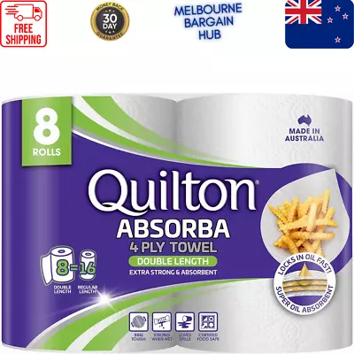 Quilton Absorba Double Length Paper Towel White 8 Count | FREE SHIPPING NEW AU • $23.67