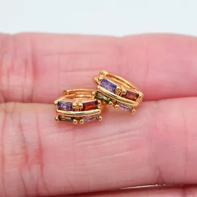 18K Yellow Gold Filled Women Multicolor Topaz Small Cute Hoop Huggie Earrings • £4.99