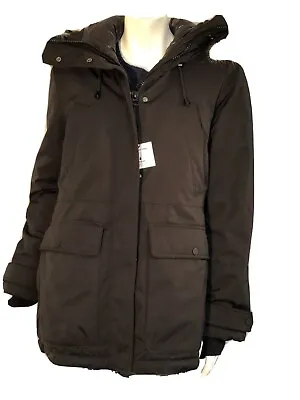 Zara Womens Parka Coat Jacket Med. Black Fur Hooded Water Repellent 3427/206 NWT • $129