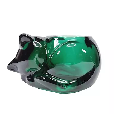 Vtg Green Indiana Glass Sleeping Kitty Cat Votive Candle Holder Paperweight • $19