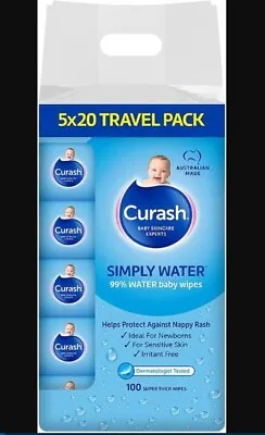 Curash Simply Water Baby Wipes Travel Pack Pack Of 100 • $17.20