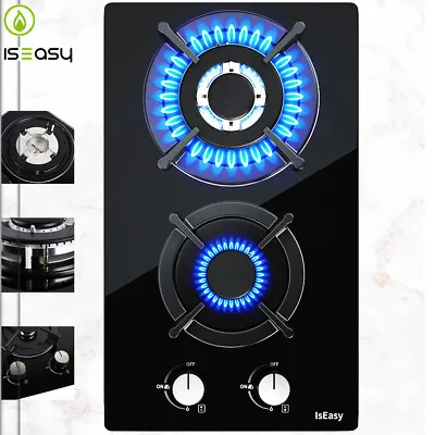 IsEasy Gas Cooktop 2 Burner Built-in Stove Black Tempered Glass Panel LPG/NG US • $81.53