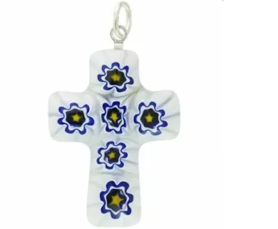 † White Blue Flower Millefiori Mini Cross Murano Glass Cross Religious Pendant † • $17.10