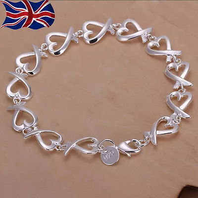 925 Sterling Silver Plated Heart Bracelet Chain Link Ladies Girls Gift Love UK • £4.49