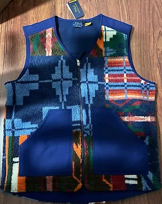 Polo Ralph Lauren Men Southwestern Aztec Patchwork Graphic Plush Fleece Vest L • $180