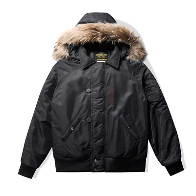 Men Retro Bomber Jacket Military Water-Repellent Raccoon Fur Collar Padded Coat  • $139.99