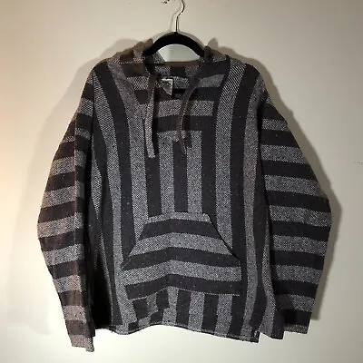 Vintage Baja Hoodie Drug Rug Mexican Pancho XL Black Gray And White • $35