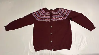 Vtg Hand Knitted Cardigan Sweater Nordic Fair Isle Yoke Buttons Cuffs Maroon • $25