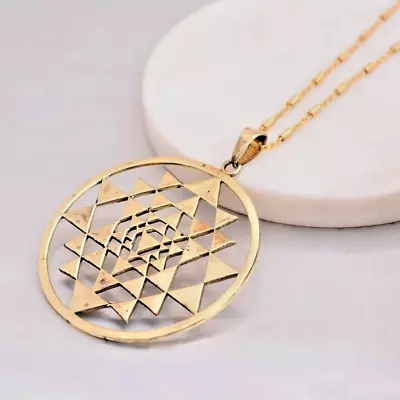 Tribal Brass Gold Plated Mandala Sacred Sri Yantra Pendant Necklace With Chain • $18.66