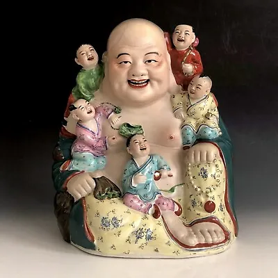 Vintage Chinese Famille Rose Porcelain Laughing Buddha With Children Statue • £570.08