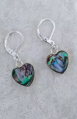 Lovely 12mm Abalone Paua Shell Heart Cabochon 925 Silver Leverback Earrings • £5.50